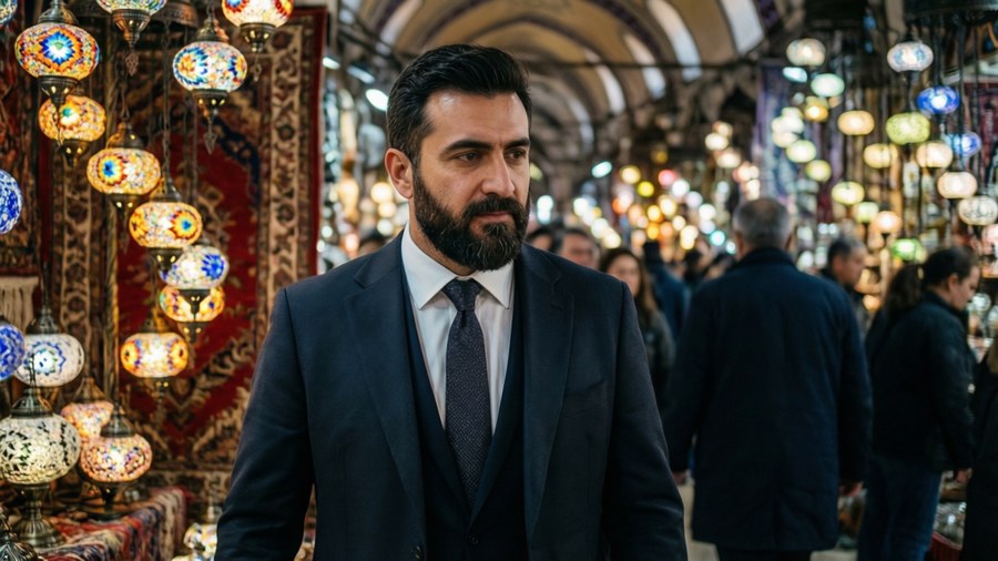En stilig tyrkisk mann i dress som navigerer den travle Grand Bazaar.