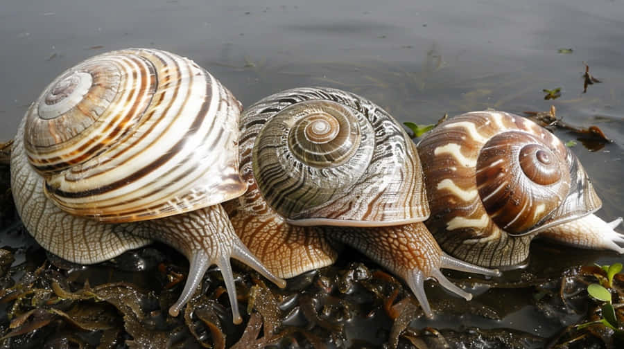 Tre Volute Snegle Ved Vandkanten