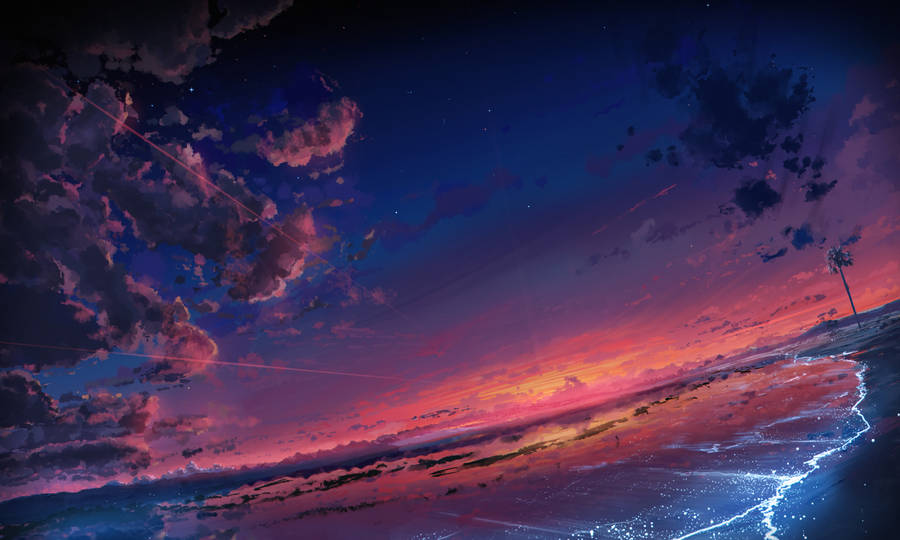 Download Beach Anime Aesthetic Sunset Digital Painting Wallpaper ...