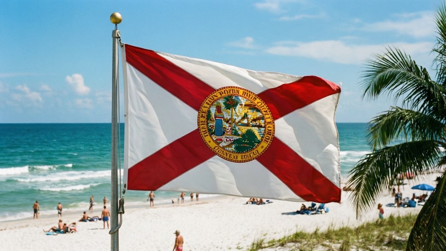 Bandeira da Flórida em um mastro em uma praia com oceano e palmeiras.