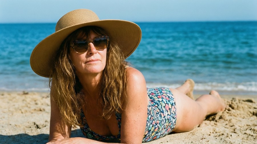 Paula Yates på en strand i 80-tals baddräkt