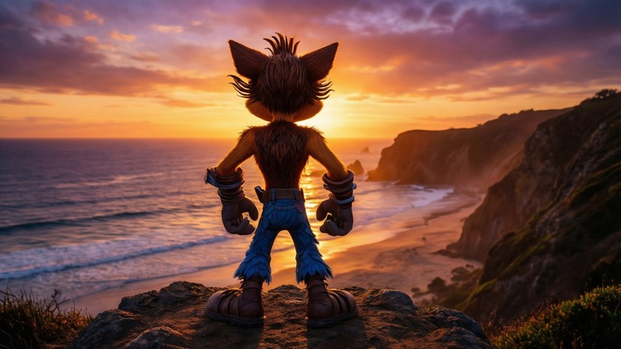 Crash Bandicoot silhouetted against a stunning sunset beach.