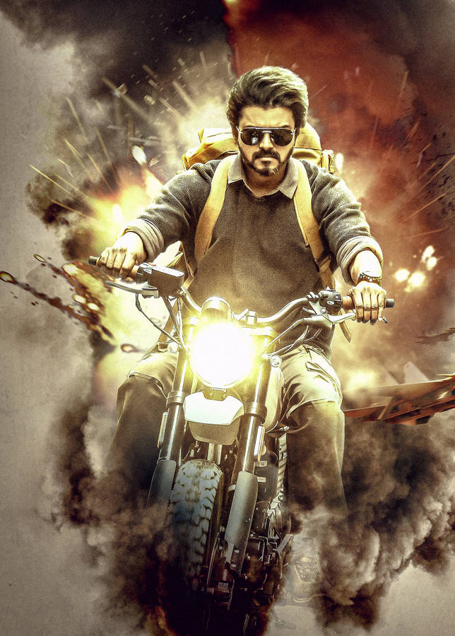 Download Beast Vijay Riding Motorcycle Wallpaper | Wallpapers.com