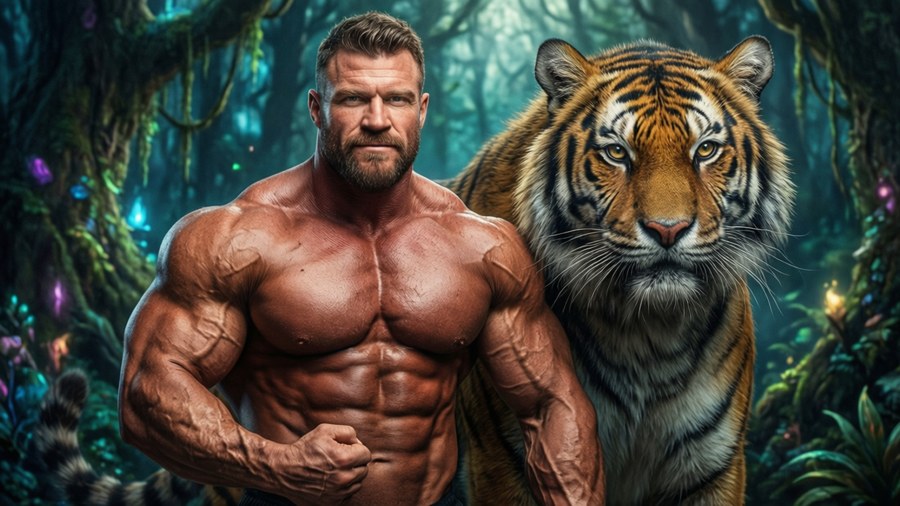 Fantasy bodybuilder with tiger, mystical forest, vibrant art.
