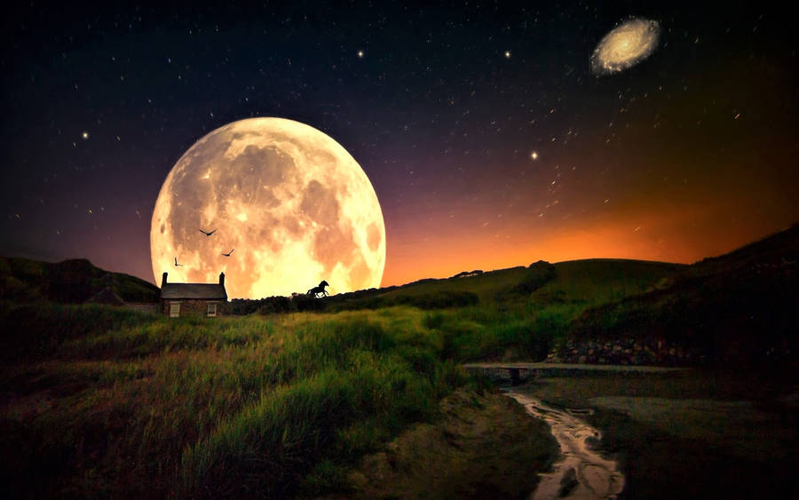 Download Beautiful Full Moon House Field Art Wallpaper | Wallpapers.com