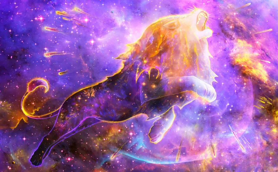 A gorgeous wallpaper depicts a leaping lion against a golden purple galaxy backdrop.