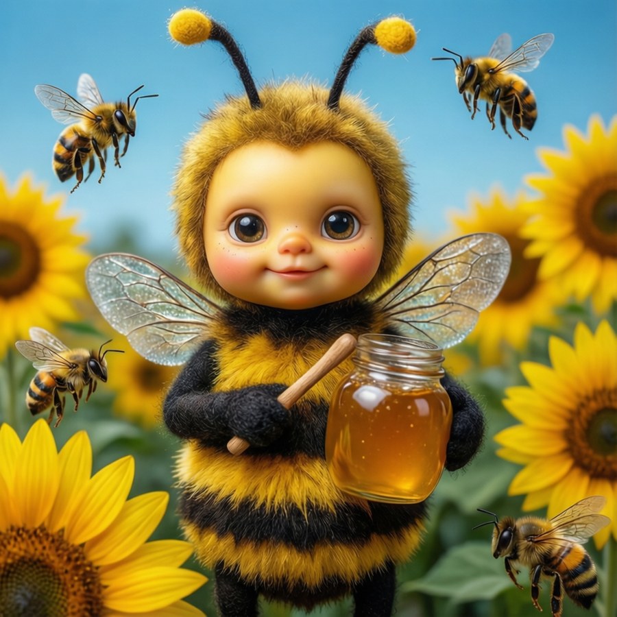 Diddl dressed as a bee with honey jar and sunflowers.