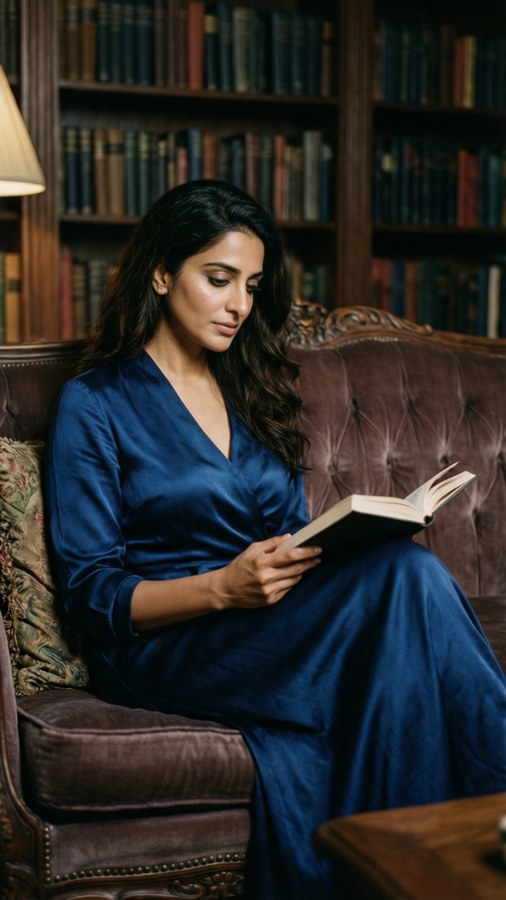Parineeti Chopra leest in een bibliotheek in een blauwe jurk