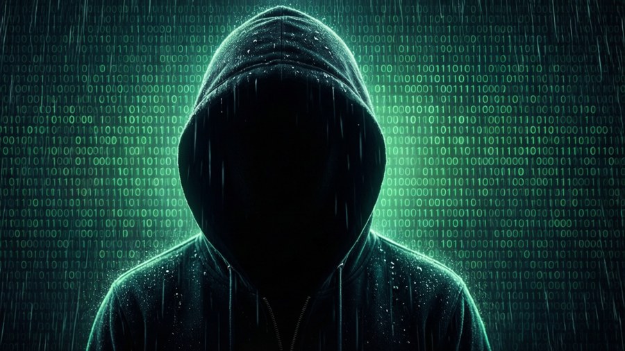 Silhouette with binary code raining down, hacker theme.