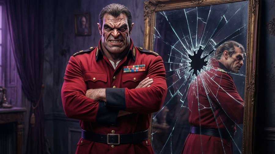 M. Bison står foran et knust speil med flere refleksjoner, truende og mørk.