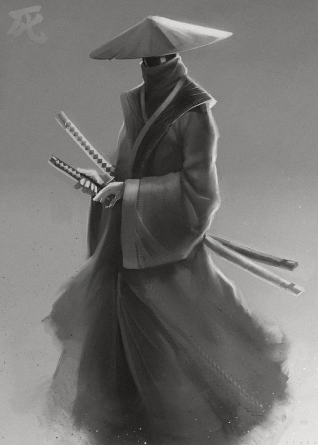Белый самурай на черном фоне