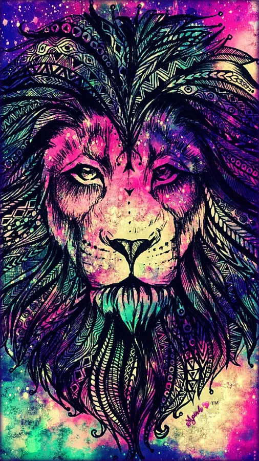 A wonderful work of art showcases a lion's face drawn in black ink against a colorful galaxy setting.