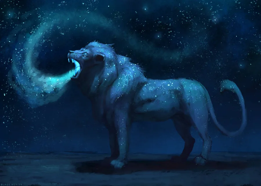 A mesmerizing photo captures a standing lion with a breath resembling the colors of a galaxy.