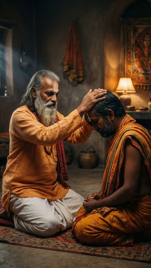 Swami Samarth blessing a kneeling devotee with a gentle hand on head.