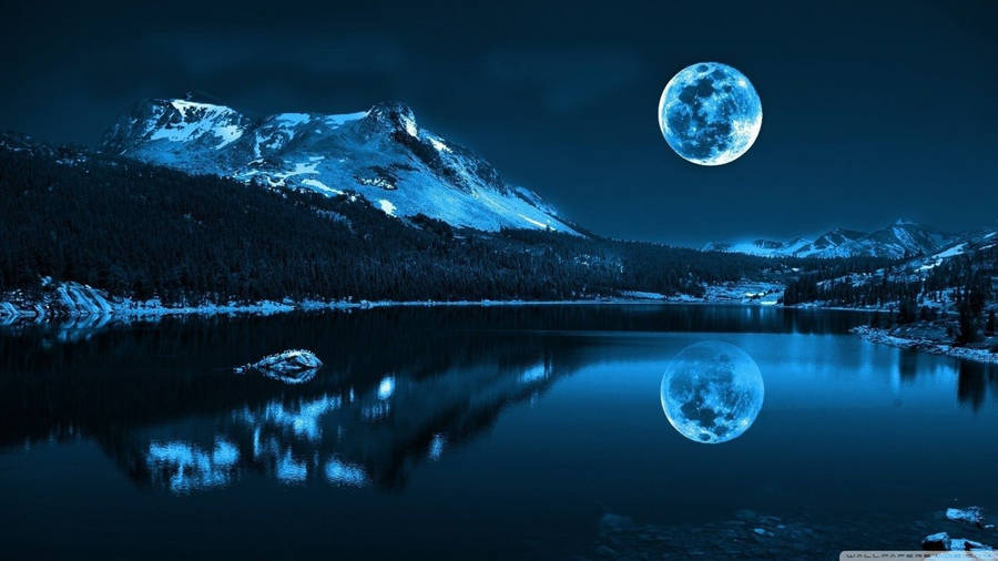 Blue aesthetic wallpaper of lake on full moon night