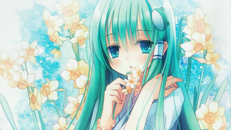 Cute anime wallpaper of a girl with blue hair holding a yellow flower.