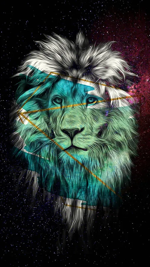 An unusual image depicts a blue lion set against a reddish galaxy sky.
