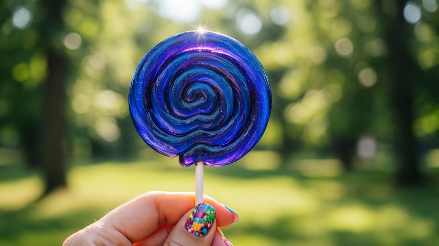 A hand holding a blue ring pop in sunny park, vibrant and joyful.
