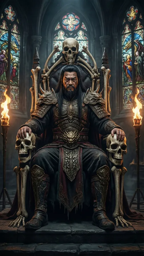 Shao Kahn på en bentron i en mörk katedral med glasmålningar.