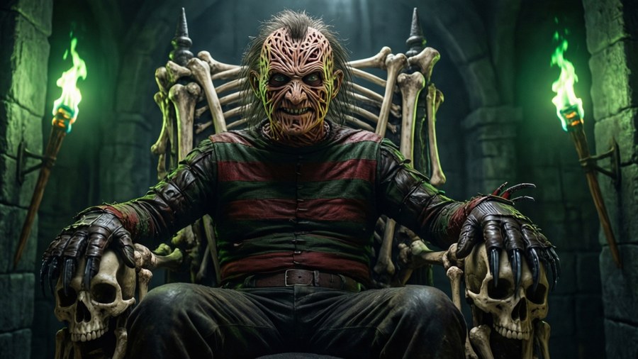 Freddy Krueger seated on a throne of bones