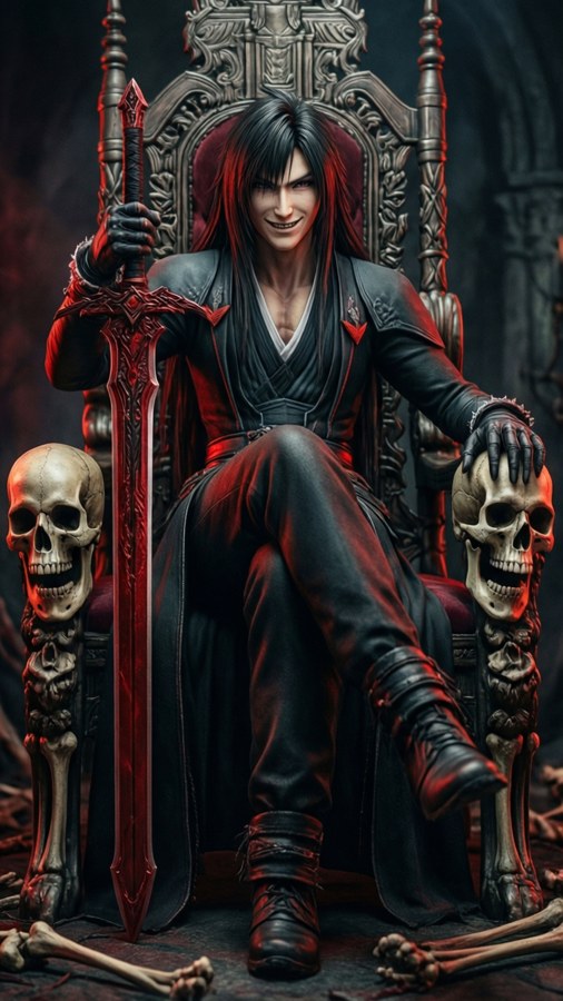 Sephiroth sittande på en makaber tron av ben