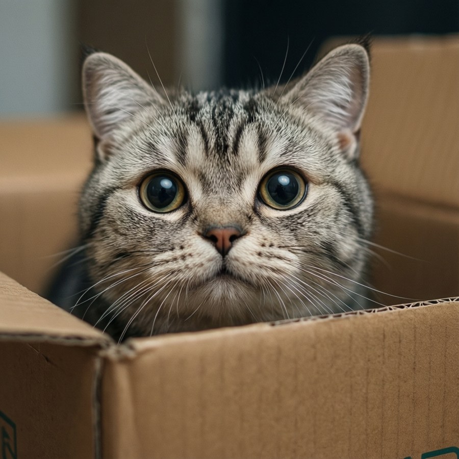 A curious European Shorthair cat peeking out of a cardboard box.