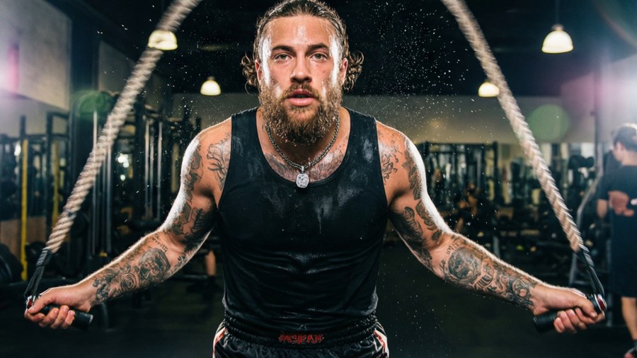 Macklemore boxing and training in the gym with sweat and motion