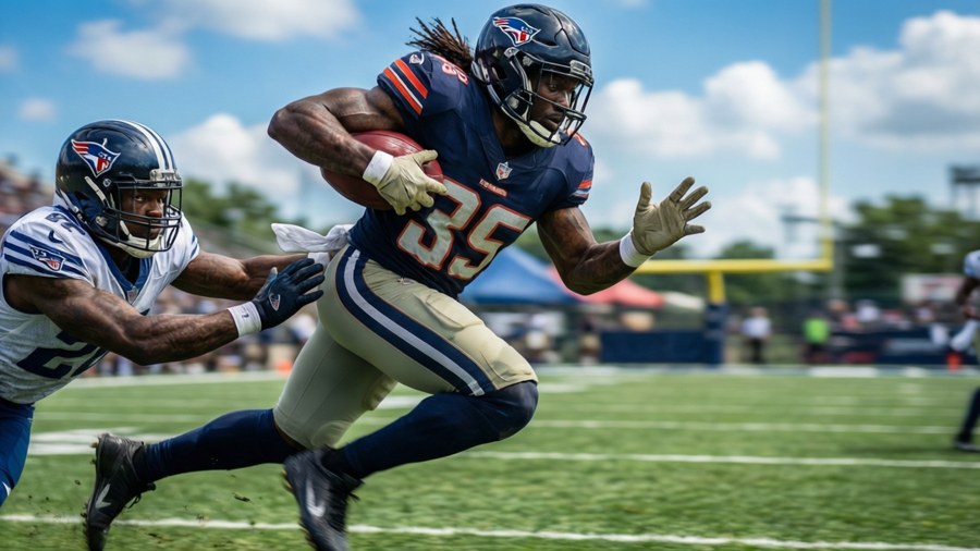 Action shot of Najee Harris breaking a tackle on the field.