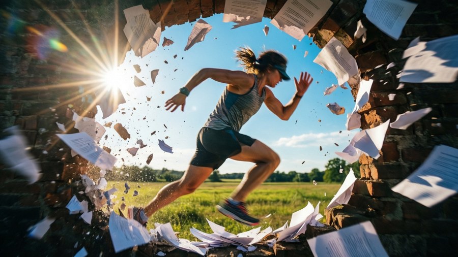 A dynamic escape as a runner bursts through a paper wall into sunlight.