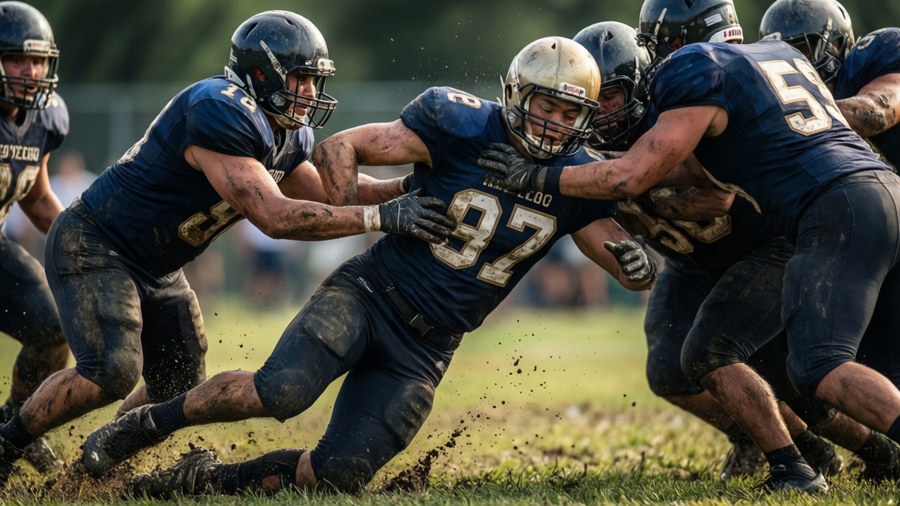 Pacheco powering through defenders in a gritty, muddy game, slow shutter drama.