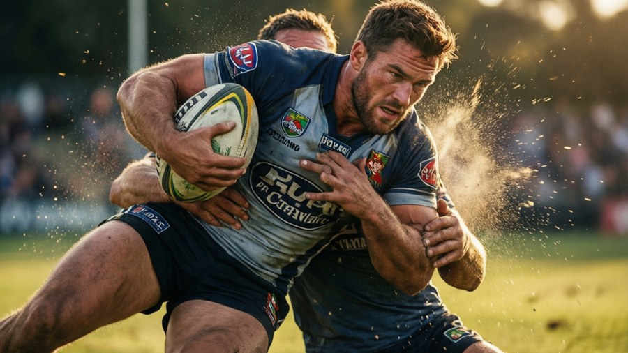 An NRL player breaks through a tackle with a heroic run.