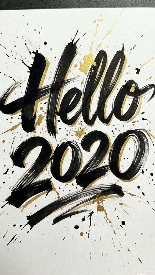 Taiteellinen käsin kirjoitettu Hello 2020 -taustakuva mustepisaroilla