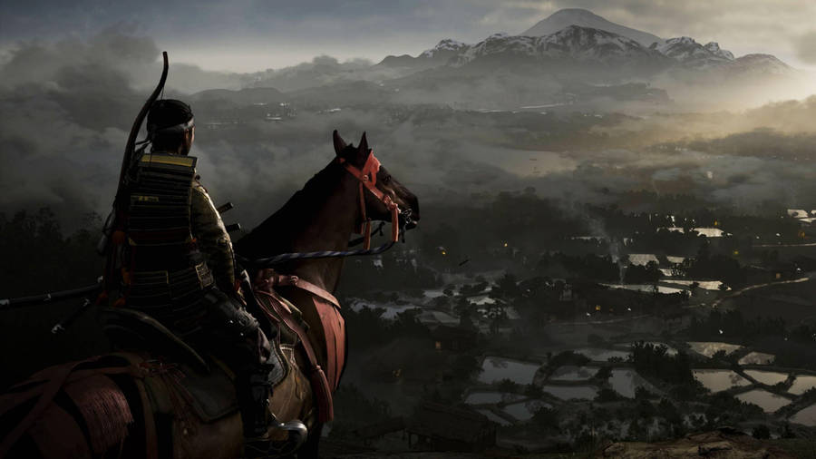 Ghost Of Tsushima Jin Sakai på sin hest 4K Wallpaper