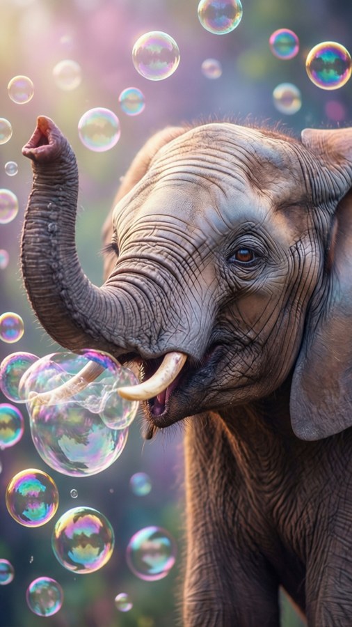 Emily Elephant creates magical bubbles in a dreamy scene.