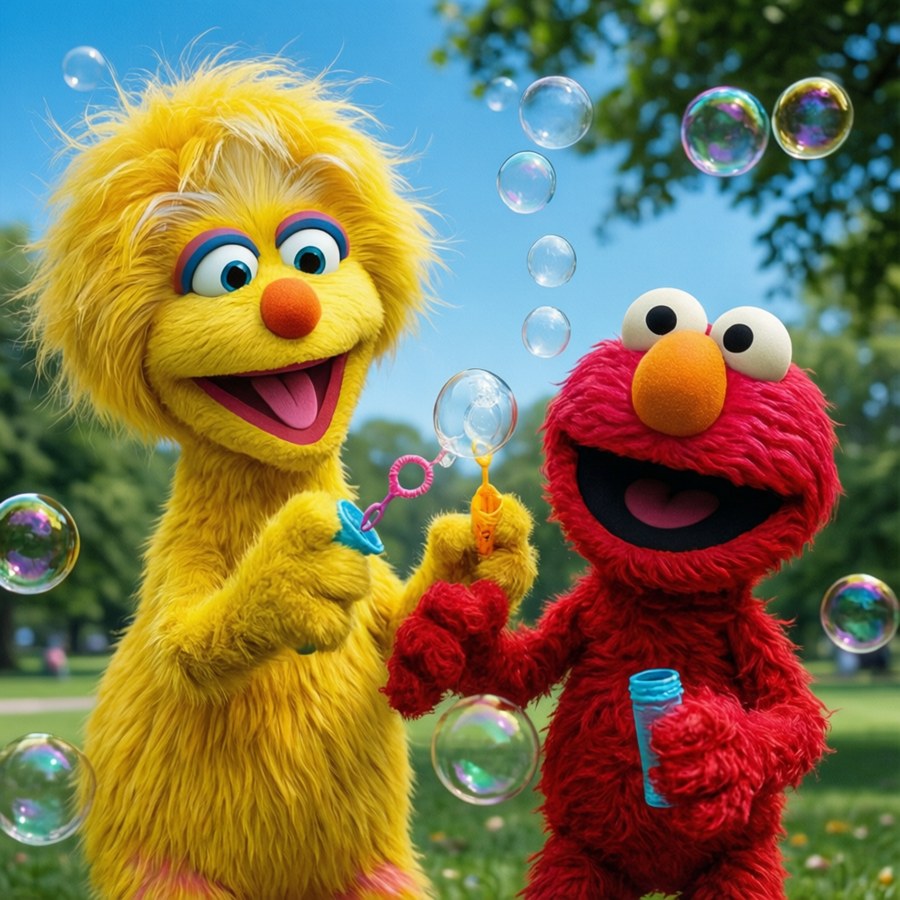 Abby and Elmo playing with bubbles outdoors.