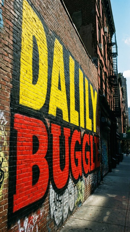 Bold Daily Bugle logo on brick wall, urban style.