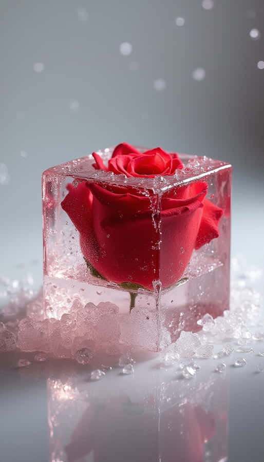 Flower Wallpaper — A vibrant red rose is perfectly encased in a clear ice cube with melting droplets and shattered ice fragments around its base.