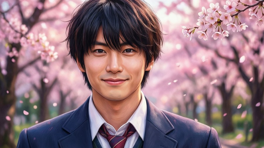 Mitsuba Sousuke berdiri di bawah bunga sakura dengan senyuman lembut