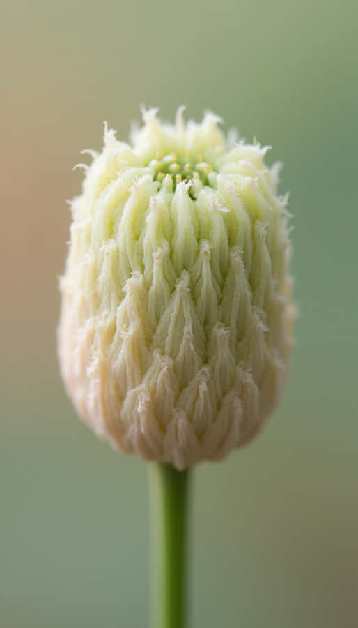 Flower Wallpaper — A close-up of a pale green fuzzy flower bud with delicate frayed edges standing on a slender stem against a soft blurred background.