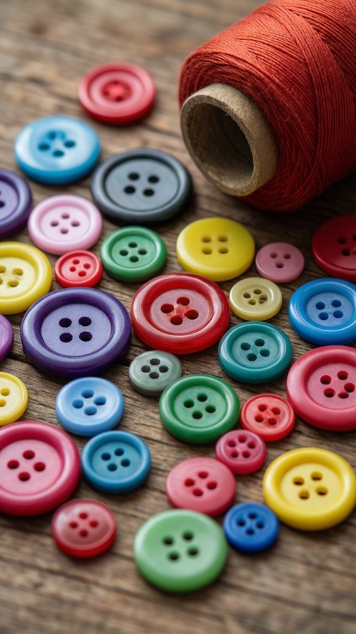 Macro de botões coloridos e linha para um fundo artesanal divertido.