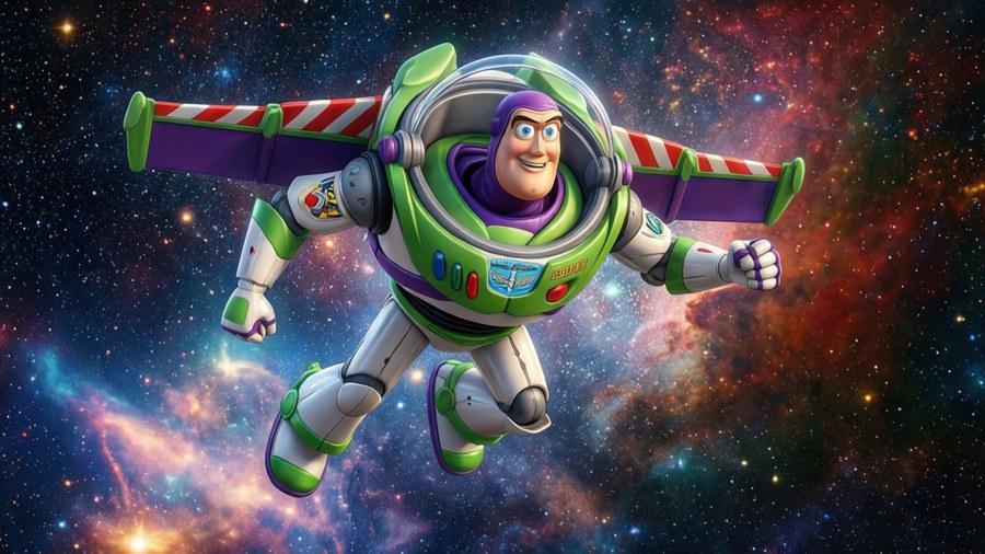 Buzz Lightyear meluncur melalui nebula berwarna-warni dengan sayap terbentang.