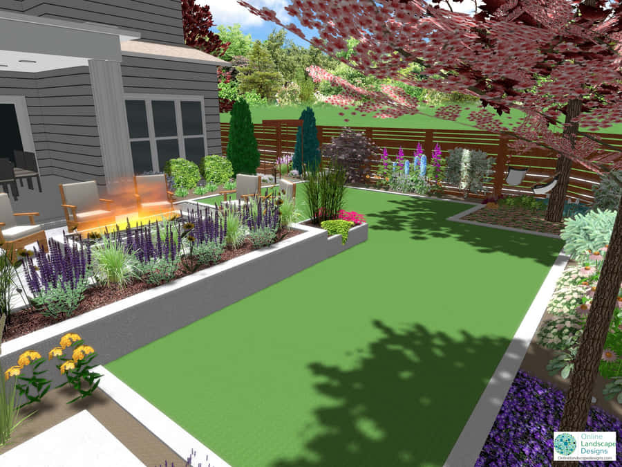 Eine3D-Rendering eines Hinterhofes mit Rasen und Pflanzen