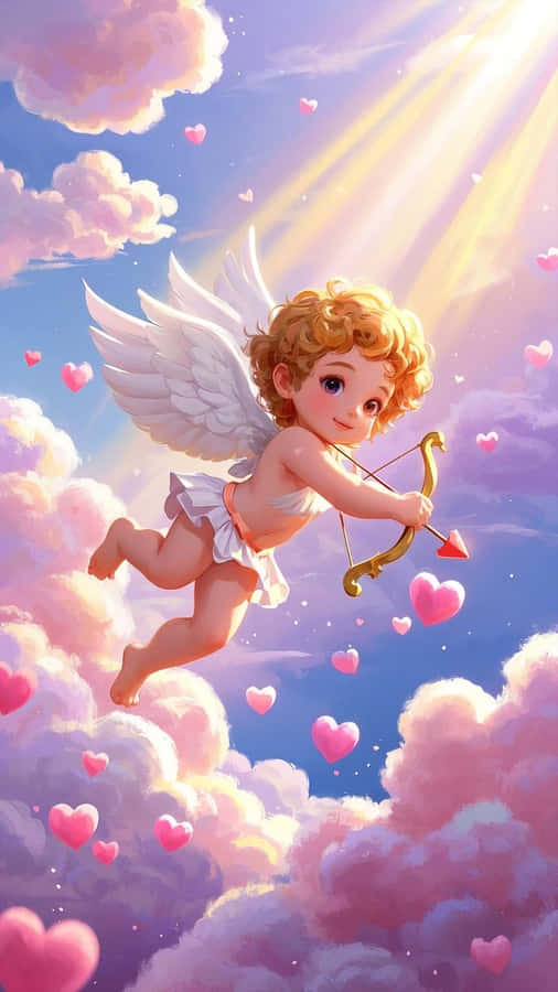 cupid,sky,dreamy,love,flying,romantic,hearts,glowing,pastel,clouds