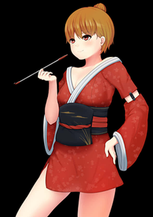 Anime Girlin Red Kimono Holding Paintbrush