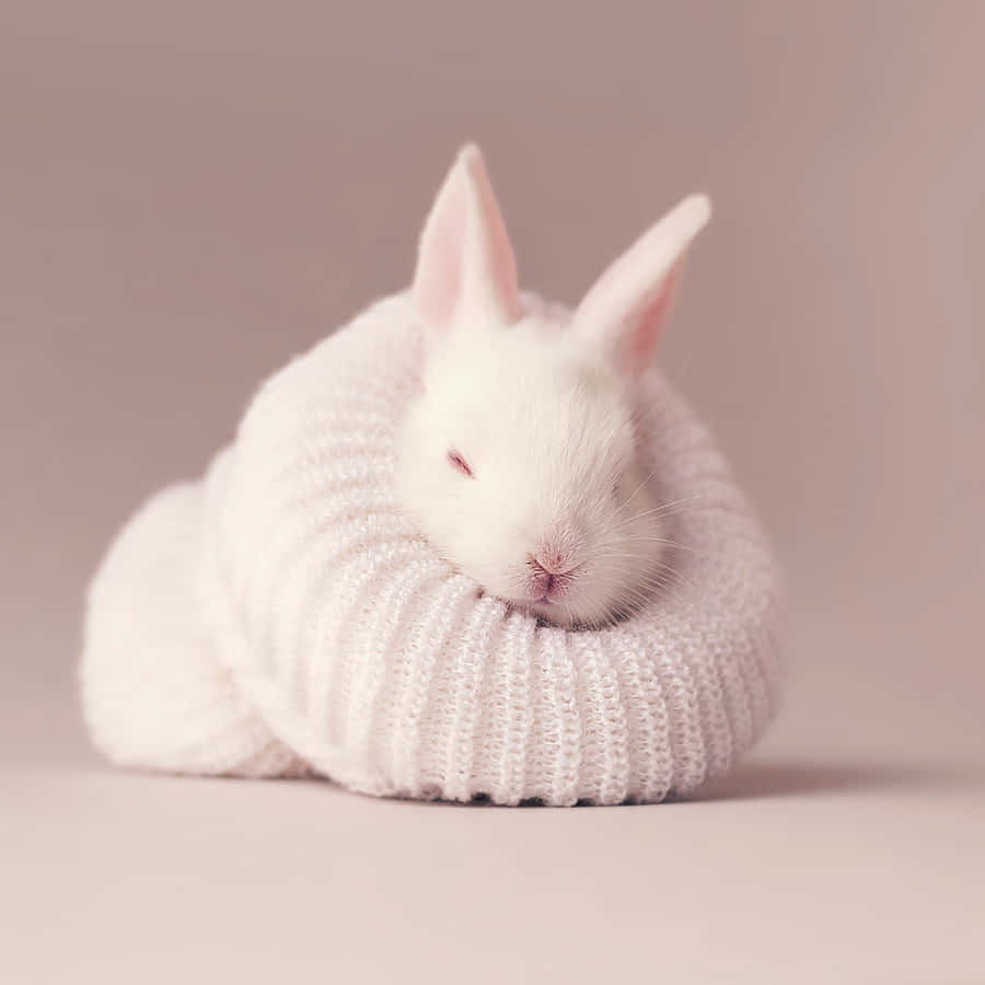 Weißes Kaninchen im gestrickten Pullover