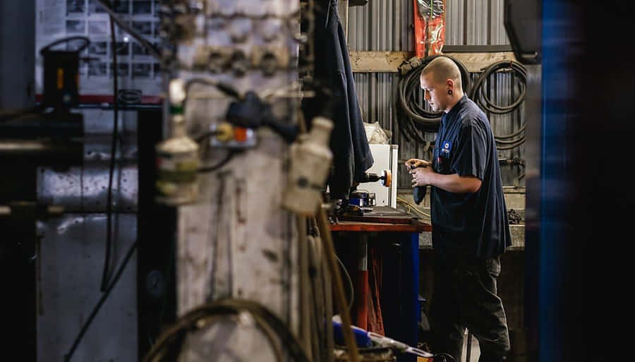 EinMann arbeitet in einer Werkstatt mit Werkzeugen.