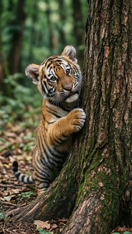 Un bébé tigre espiègle qui jette un coup d'œil derrière un arbre