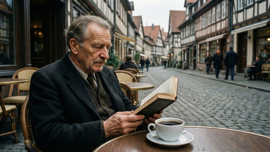 Heidegger lendo em um café alemão, perfeito para vibes literárias e filosóficas