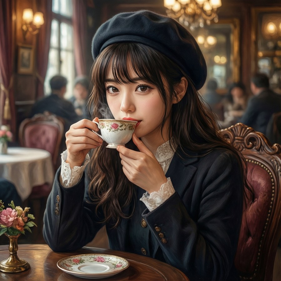 Miku Nakano nyter te i en vintage kafé-setting