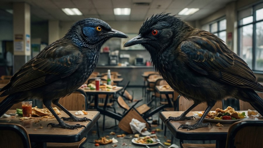 Opila Bird and Nabnab face off in a chaotic cafeteria in Garten of Banban.
